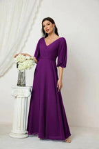 Numbersea  Formal Prom Gown Women V-Neck Chiffon Bridesmaid Dresses Long Bishop Sleeve Party Dress 2807