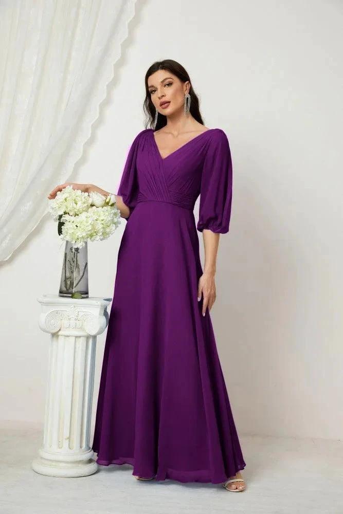 Numbersea  Formal Prom Gown Women V-Neck Chiffon Bridesmaid Dresses Long Bishop Sleeve Party Dress 2807