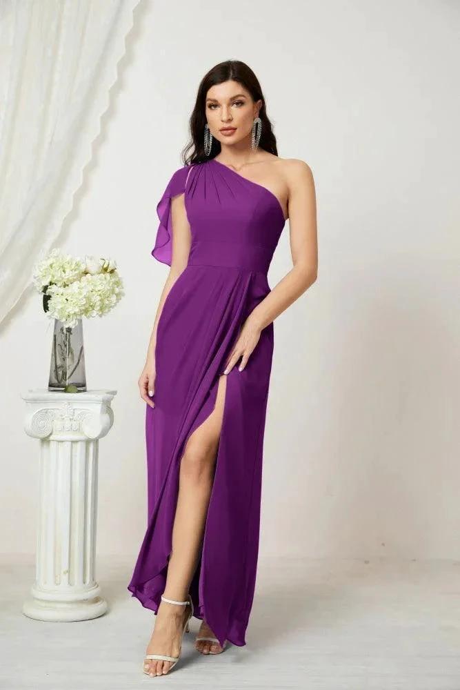 Numbersea  Chiffon Ruffled One Shoulder Long Bridesmaid Dresses A-line Formal Evening Gown Side Split 2809
