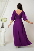 Numbersea  Formal Prom Gown Women V-Neck Chiffon Bridesmaid Dresses Long Bishop Sleeve Party Dress 2807