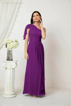 Numbersea  Chiffon Ruffled One Shoulder Long Bridesmaid Dresses A-line Formal Evening Gown Side Split 2809