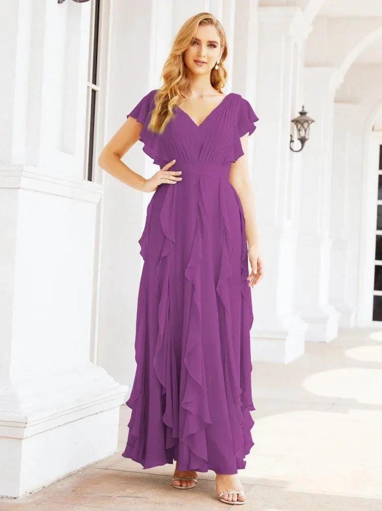 Ruffled Bridesmaid Dresses with Sleeves Long Formal Party Dress 28041