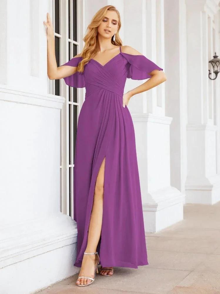 Numbersea Cold Shoulder Long Bridesmaid Dresses Side Slit Formal Prom Gowns Party Wedding 28070