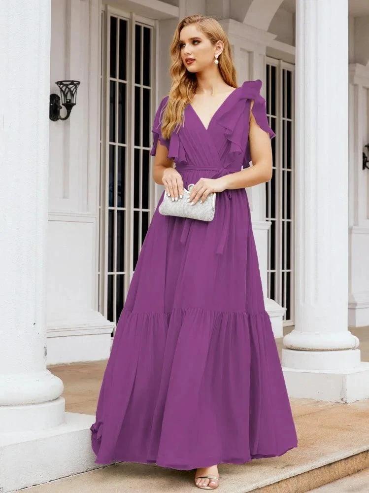 Numbersea Women's Open Back Formal Evening Party Prom Gowns V-Neck Long Chiffon Bridesmaid Dresses with Waist Belt 28038