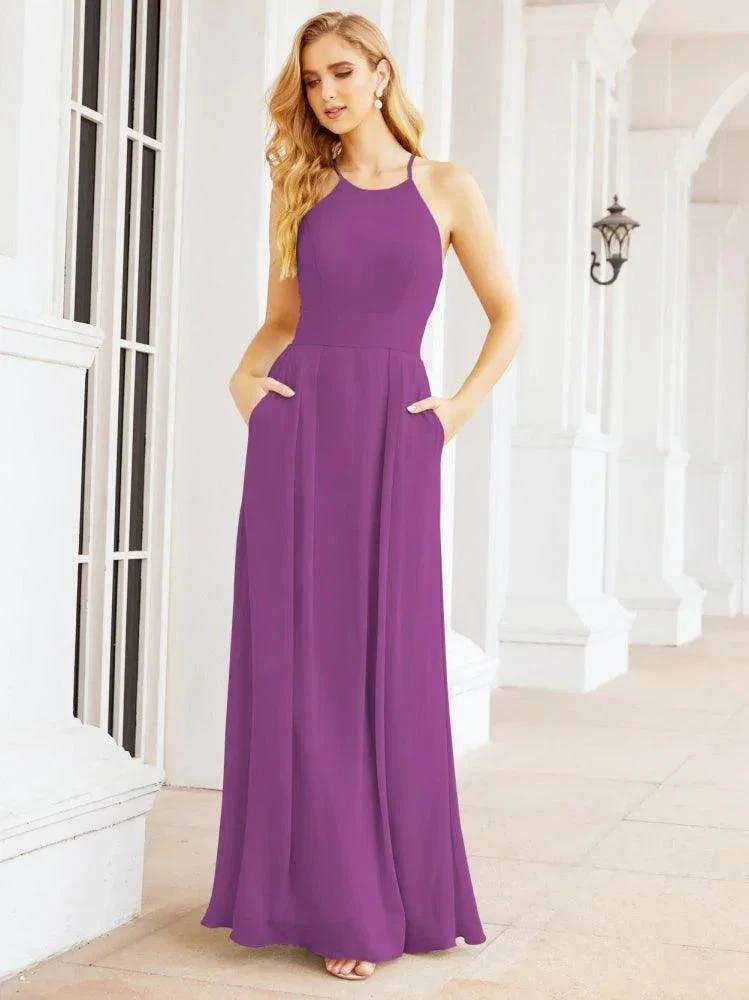 Numbersea Halter Bridesmaid Dresses with Pockets Sleeveless Formal Evening Party Prom Gowns  28055