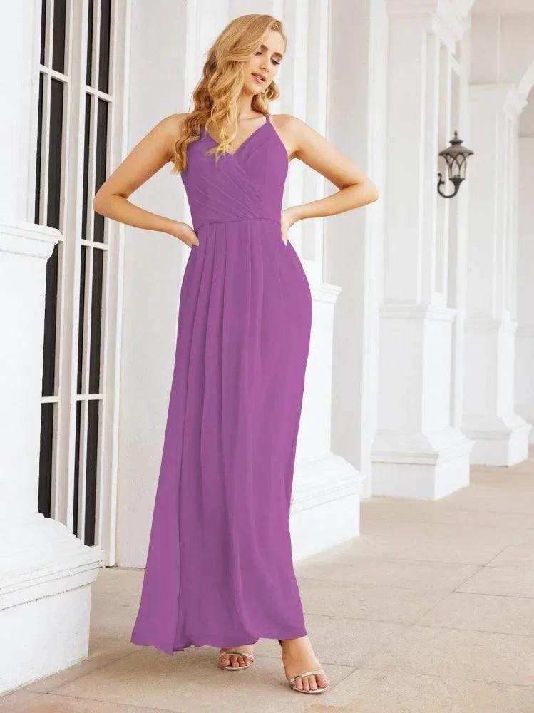 Numbersea Spaghetti Strap Bridesmaid Dresses V-Neck Long A-Line Formal Prom Gowns 28063