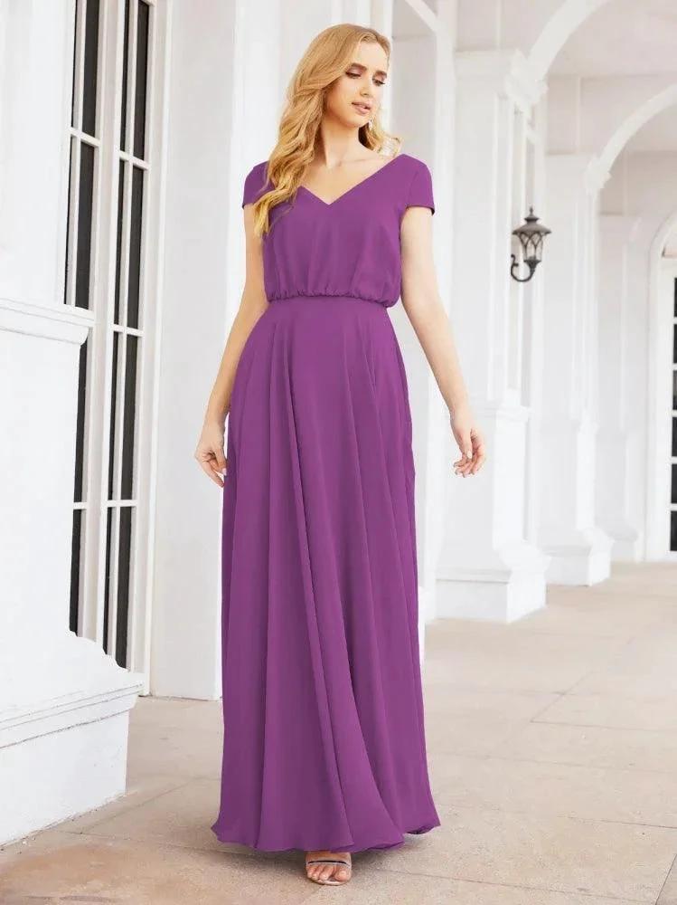 Numbersea V-Neck Bridesmaid Dresses Long Cap Sleeves Prom Evening Formal Gowns 28071