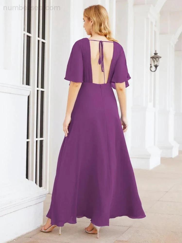 Numbersea V-Neck Bridesmaid Dress Chiffon Long Open Back Formal Dresses for Women Party Evening 28067
