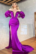 Split Front V-Neck Mermaid Prom Gown with Off The Shoulder Sleeves and Dazzling Beadwork