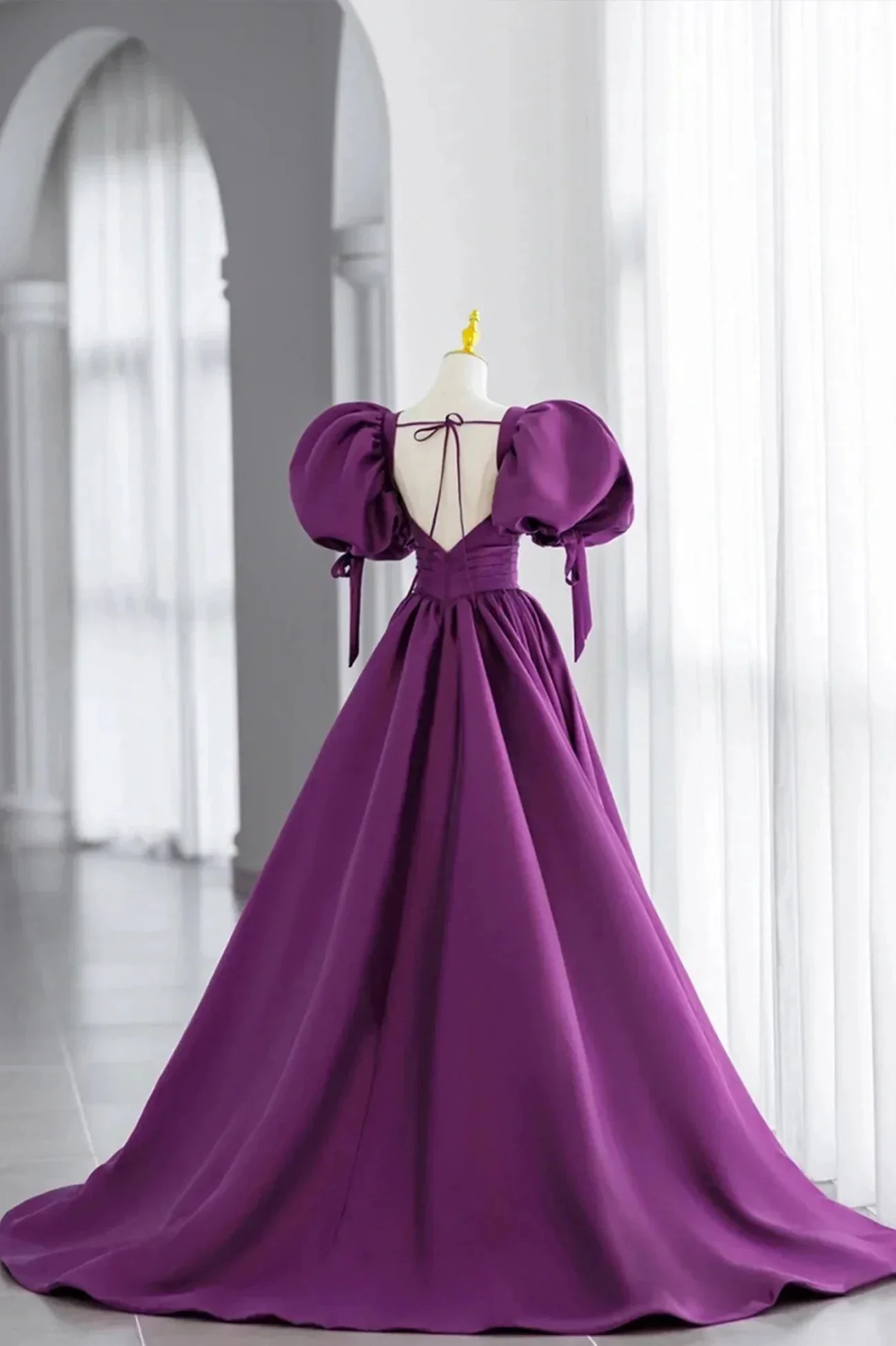 Purple Puff Sleeves Satin Long Prom Dress V-Neck Evening Dress Y856