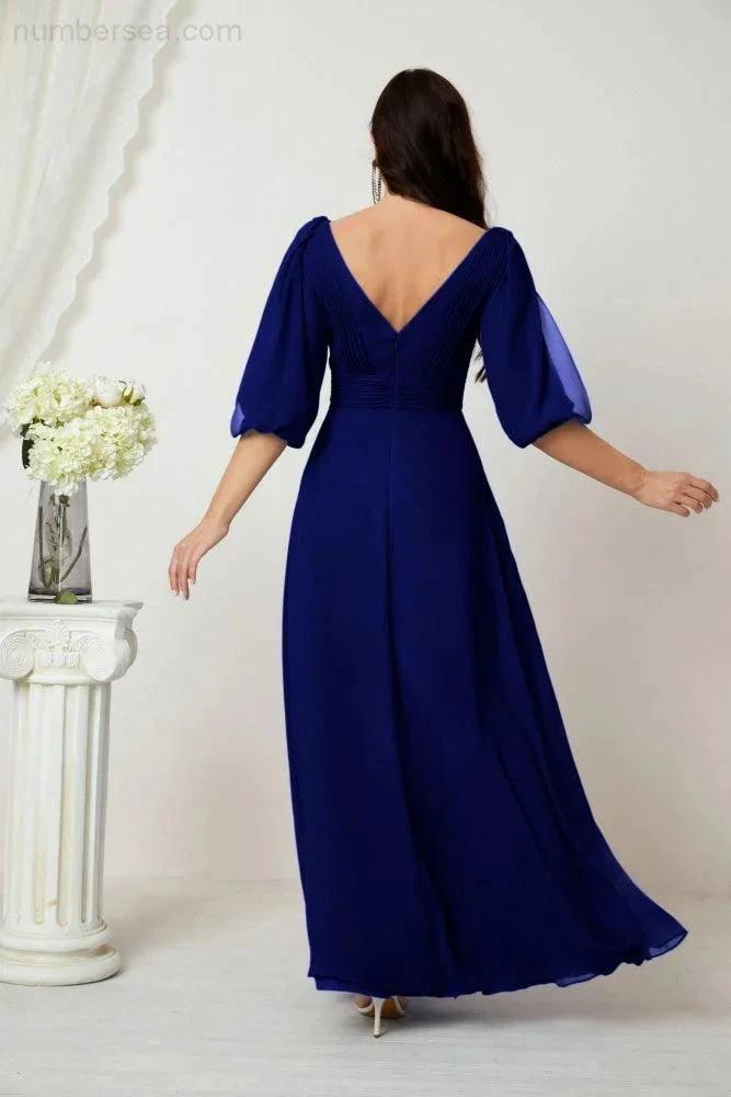 Numbersea  Formal Prom Gown Women V-Neck Chiffon Bridesmaid Dresses Long Bishop Sleeve Party Dress 2807