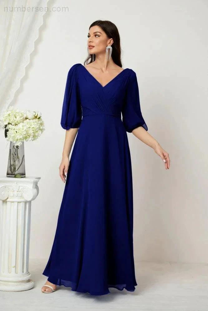 Numbersea  Formal Prom Gown Women V-Neck Chiffon Bridesmaid Dresses Long Bishop Sleeve Party Dress 2807