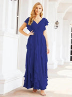 Ruffled Bridesmaid Dresses with Sleeves Long Formal Party Dress 28041