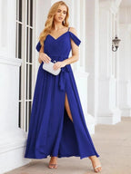 Numbersea Off The Shoulder Chiffon Bridesmaid Dress Long Formal Graduation Gown with Cowl Back 28069