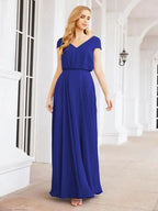 Numbersea V-Neck Bridesmaid Dresses Long Cap Sleeves Prom Evening Formal Gowns 28071