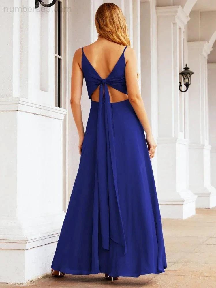 Numbersea Spaghetti Strap Bridesmaid Dresses V Neck Butterfly Back Fromal Evening Party Prom Gown 28036
