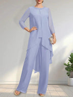 Separates Jumpsuit/Pantsuit Scoop Floor-Length Chiffon Mother of the Bride Dress With Sequins Beading