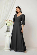 Numbersea  Formal Prom Gown Women V-Neck Chiffon Bridesmaid Dresses Long Bishop Sleeve Party Dress 2807