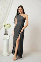 Numbersea  Chiffon Ruffled One Shoulder Long Bridesmaid Dresses A-line Formal Evening Gown Side Split 2809