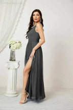 Numbersea Chiffon V-Neck Bridesmaid Dress Spaghetti Strap Long Formal Party Prom Gowns with Slit 28010