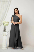 Numbersea  Chiffon Ruffled One Shoulder Long Bridesmaid Dresses A-line Formal Evening Gown Side Split 2809