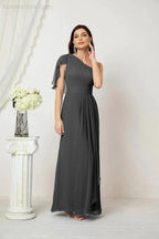 Numbersea  Chiffon Ruffled One Shoulder Long Bridesmaid Dresses A-line Formal Evening Gown Side Split 2809