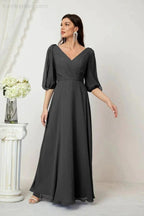 Numbersea  Formal Prom Gown Women V-Neck Chiffon Bridesmaid Dresses Long Bishop Sleeve Party Dress 2807
