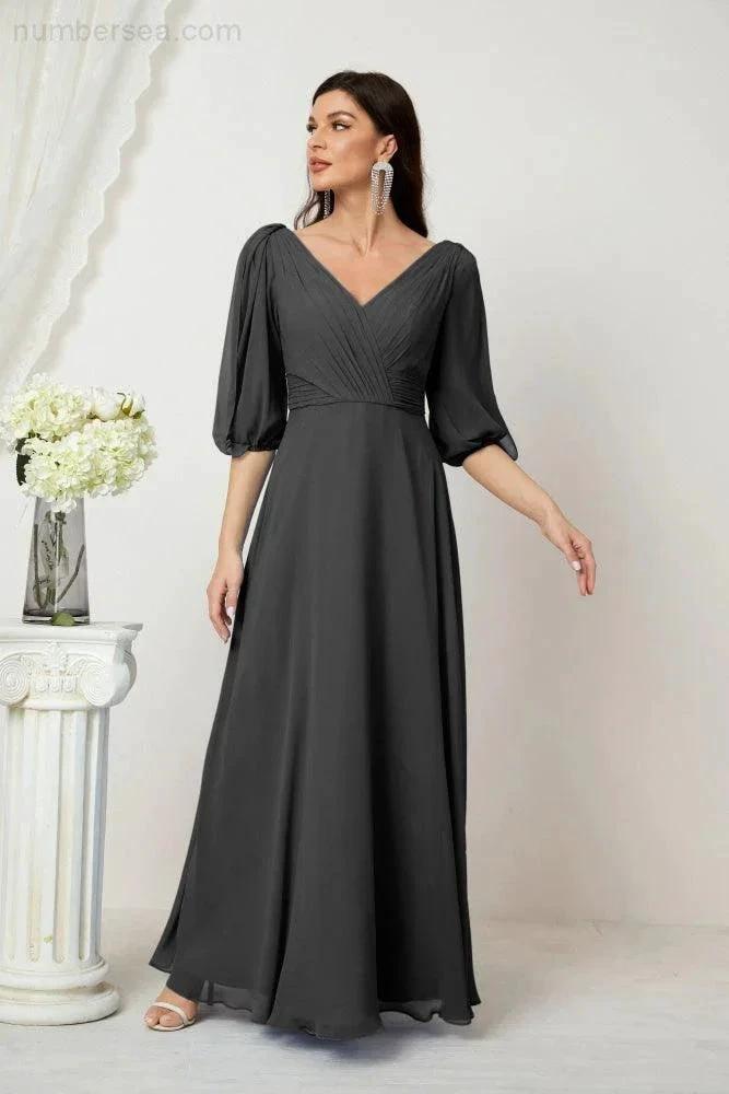 Numbersea  Formal Prom Gown Women V-Neck Chiffon Bridesmaid Dresses Long Bishop Sleeve Party Dress 2807