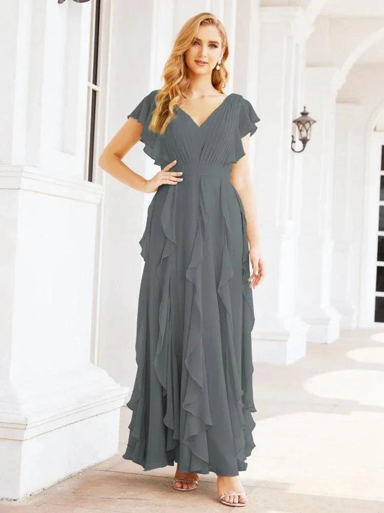 Ruffled Bridesmaid Dresses with Sleeves Long Formal Party Dress 28041