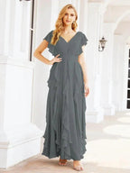 Ruffled Bridesmaid Dresses with Sleeves Long Formal Party Dress 28041
