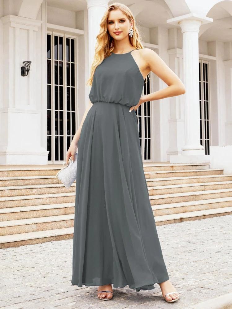 Numbersea  Halter Long Bridesmaid Dresses Formal A line Juniors Dress 28029