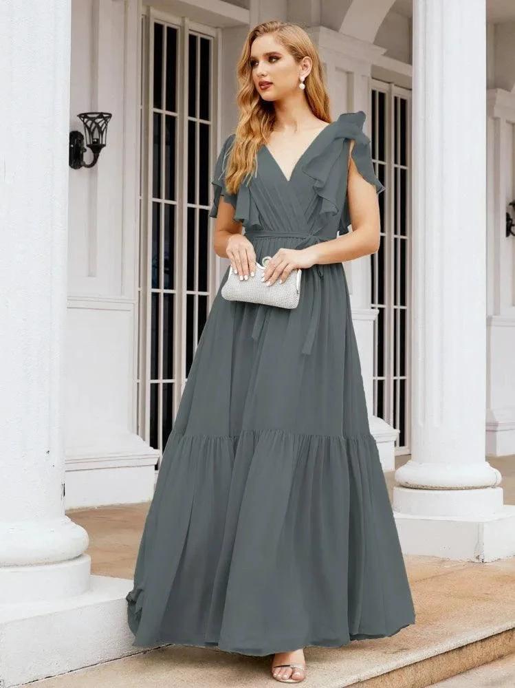 Numbersea Women's Open Back Formal Evening Party Prom Gowns V-Neck Long Chiffon Bridesmaid Dresses with Waist Belt 28038