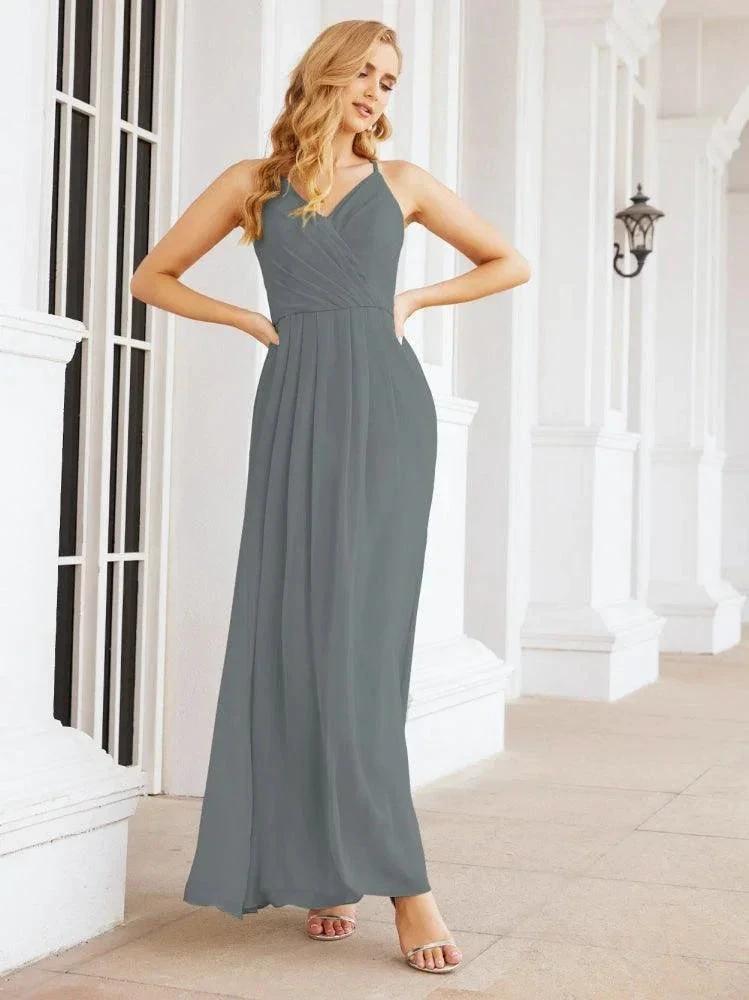Numbersea Spaghetti Strap Bridesmaid Dresses V-Neck Long A-Line Formal Prom Gowns 28063
