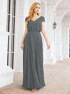 Numbersea V-Neck Bridesmaid Dresses Long Cap Sleeves Prom Evening Formal Gowns 28071