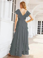 Ruffled Bridesmaid Dresses with Sleeves Long Formal Party Dress 28041