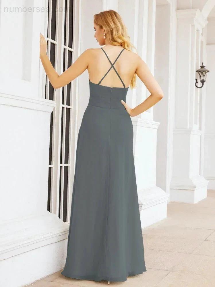Numbersea Halter Bridesmaid Dresses with Pockets Sleeveless Formal Evening Party Prom Gowns  28055