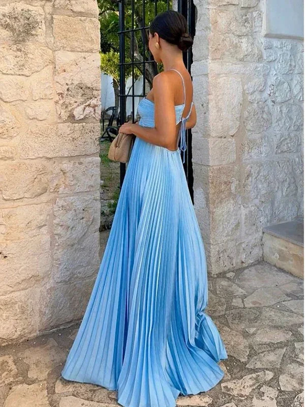 Sexy Blue Halter Spaghetti Strap A-line Long Prom Dress Backless Evening Dress Y8090