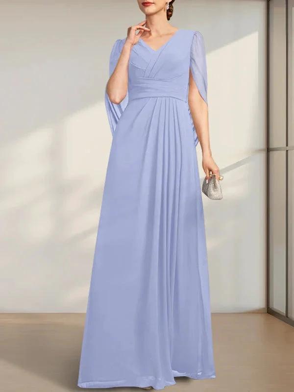 A-line V-Neck Floor-Length Chiffon Mother of the Bride Dress With Pleated