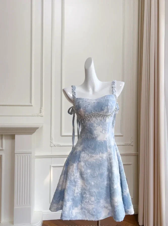 Glamorous Blue Satin Beaded Mini Prom Dress A Line Homecoming Dress Y8572