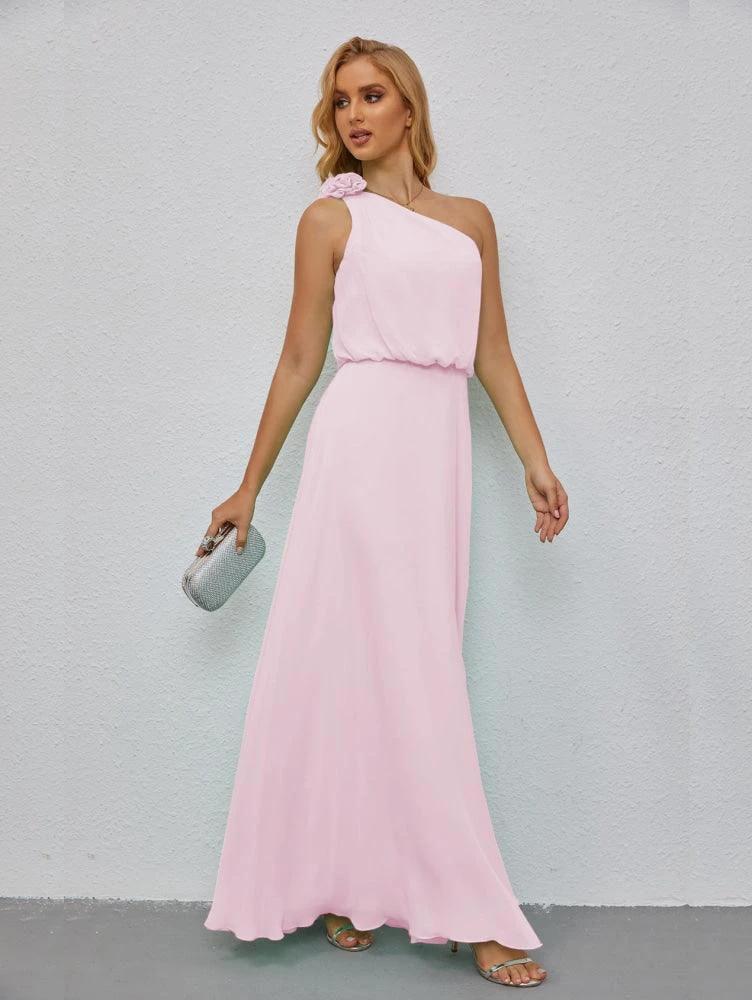 Ruffled One Shoulder Sleeveless Long Bridesmaid Dresses A-line Formal Evening Gown Side Split 28080