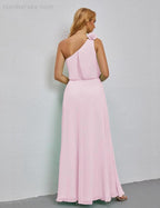 Ruffled One Shoulder Sleeveless Long Bridesmaid Dresses A-line Formal Evening Gown Side Split 28080