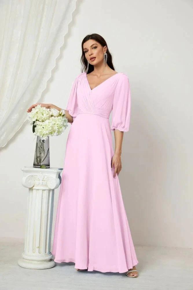 Numbersea  Formal Prom Gown Women V-Neck Chiffon Bridesmaid Dresses Long Bishop Sleeve Party Dress 2807