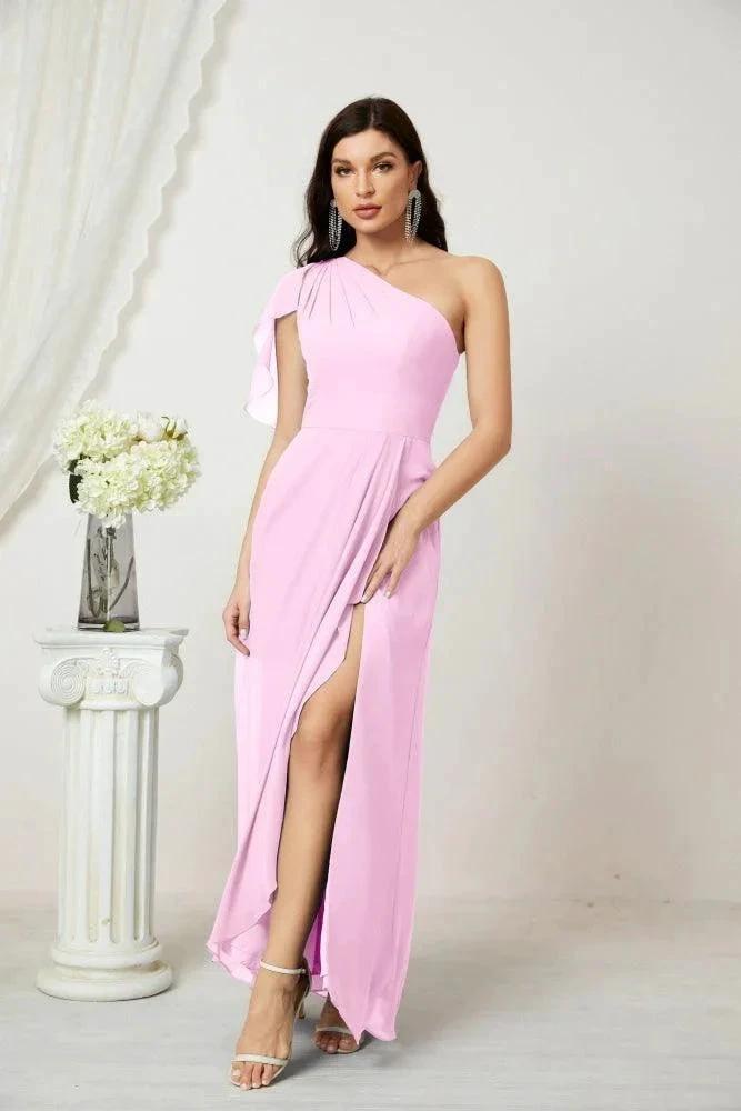 Numbersea  Chiffon Ruffled One Shoulder Long Bridesmaid Dresses A-line Formal Evening Gown Side Split 2809