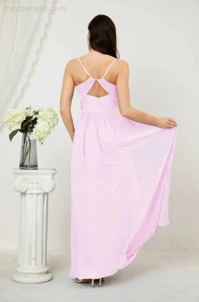 Numbersea  Neck Bridesmaid Dresses Chiffon Long Spaghetti A-line Formal Prom Gown for Wedding Party Evening 2801