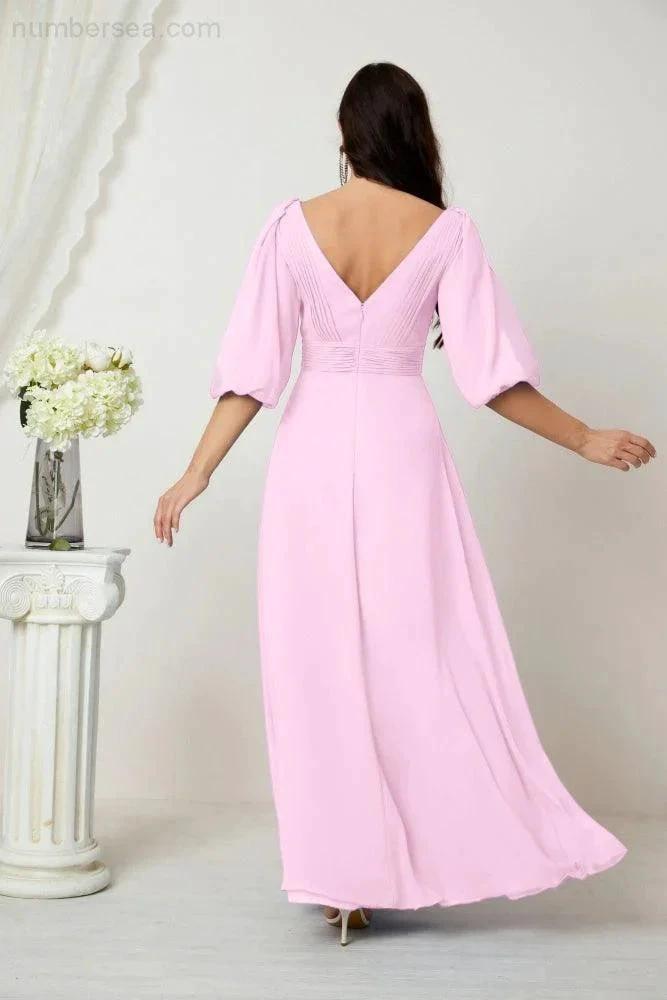 Numbersea  Formal Prom Gown Women V-Neck Chiffon Bridesmaid Dresses Long Bishop Sleeve Party Dress 2807
