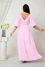 Numbersea  Formal Prom Gown Women V-Neck Chiffon Bridesmaid Dresses Long Bishop Sleeve Party Dress 2807