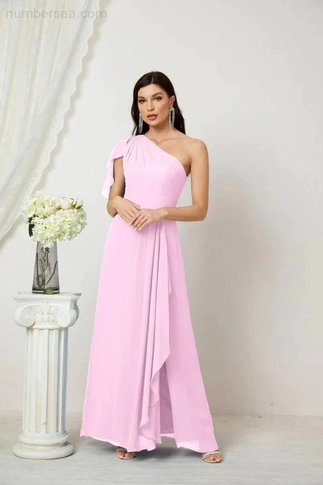 Numbersea  Chiffon Ruffled One Shoulder Long Bridesmaid Dresses A-line Formal Evening Gown Side Split 2809