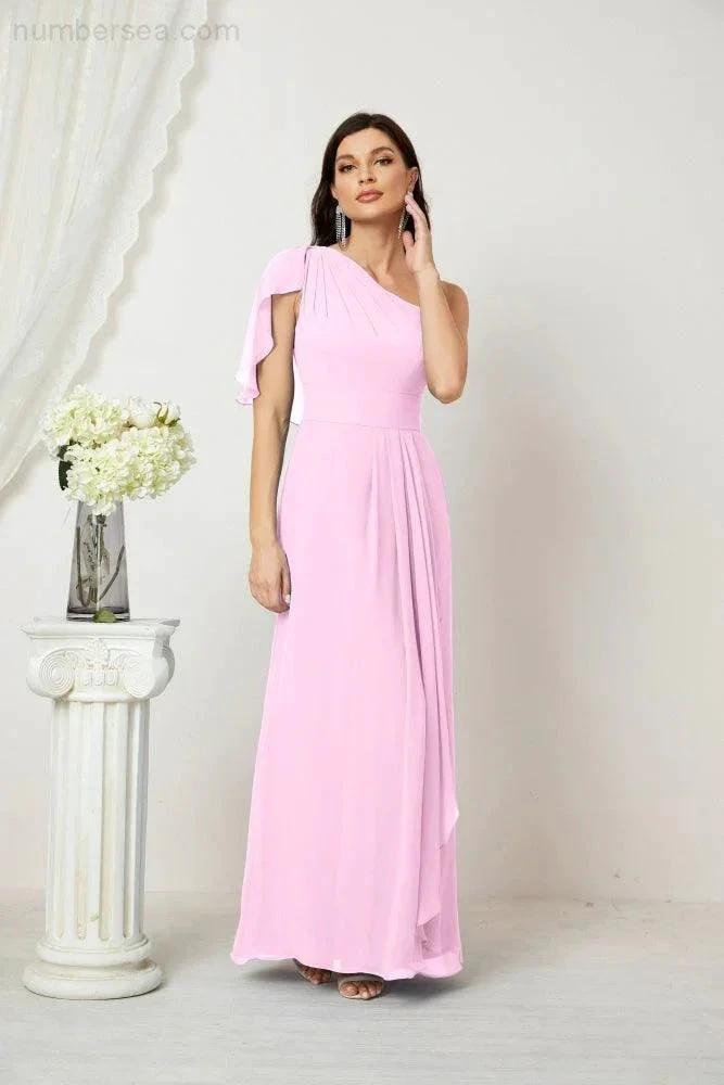 Numbersea  Chiffon Ruffled One Shoulder Long Bridesmaid Dresses A-line Formal Evening Gown Side Split 2809