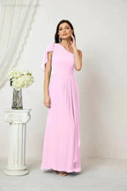 Numbersea  Chiffon Ruffled One Shoulder Long Bridesmaid Dresses A-line Formal Evening Gown Side Split 2809