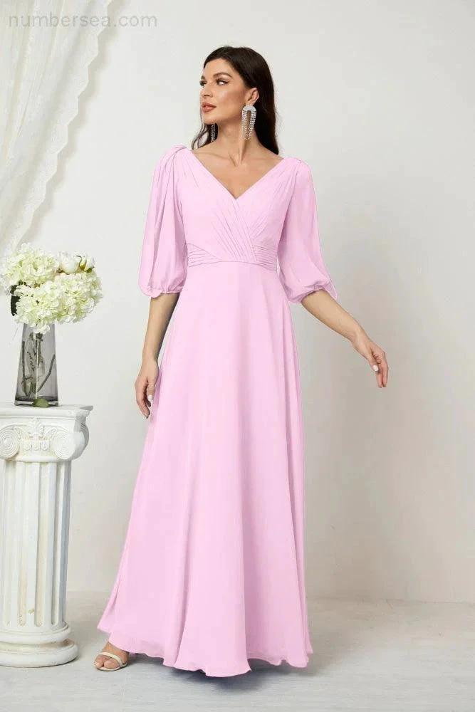 Numbersea  Formal Prom Gown Women V-Neck Chiffon Bridesmaid Dresses Long Bishop Sleeve Party Dress 2807